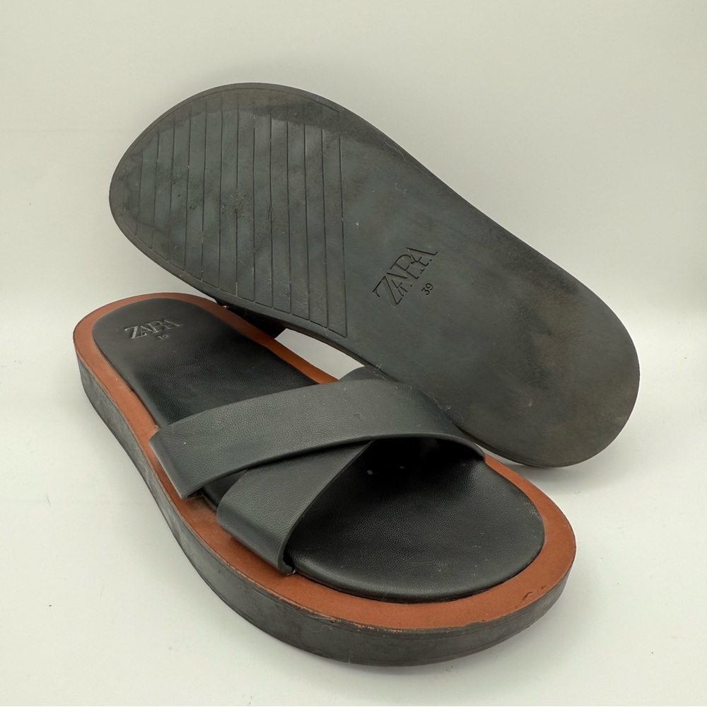 Women’s Zara Black Brown Minimal Flat Slip-On‎ Comfortable Strap Sandals Size 39